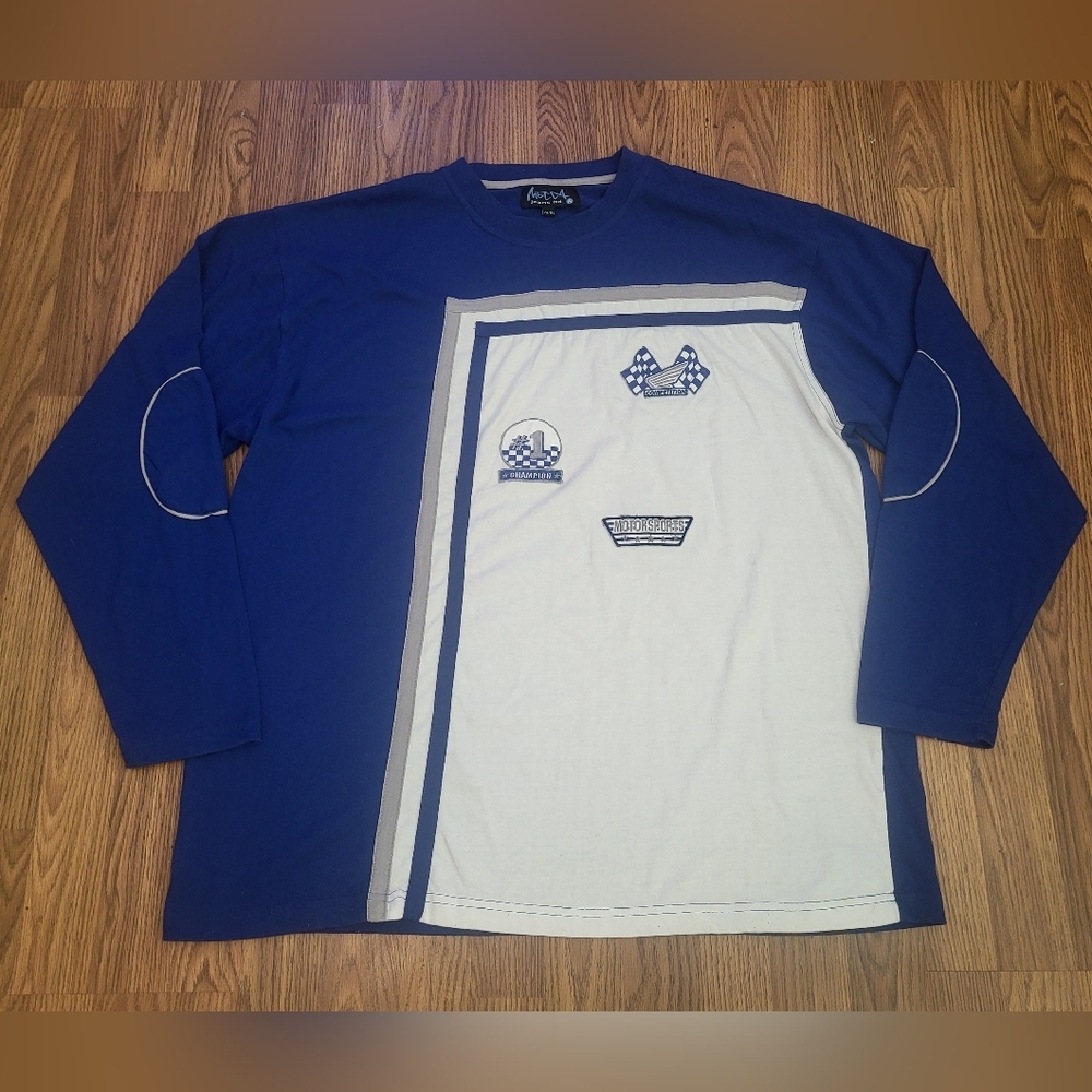 Mecca Jeans Men’s XXL Blue & White Racing Patch Long Sleeve Streetwear Tee B13
